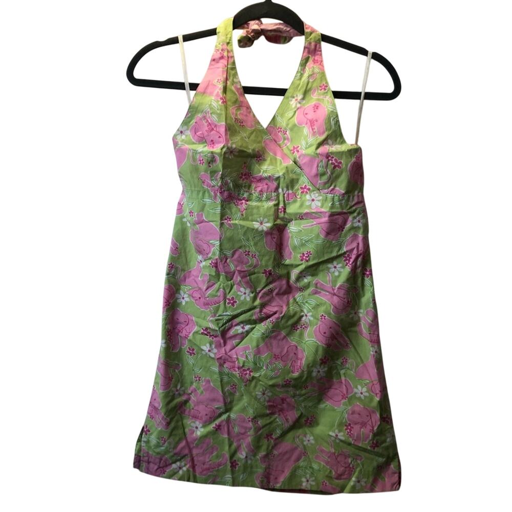 Lilly Pulitzer Green/Pink Elephant Halter Dress Girls Sz 16